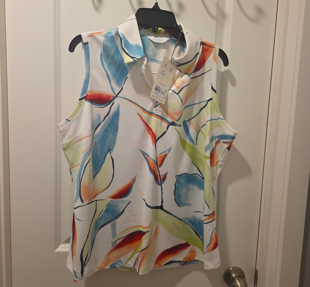 Walter Hagen White Sleeveless Top with Blue, Green and Orange Leaf Print